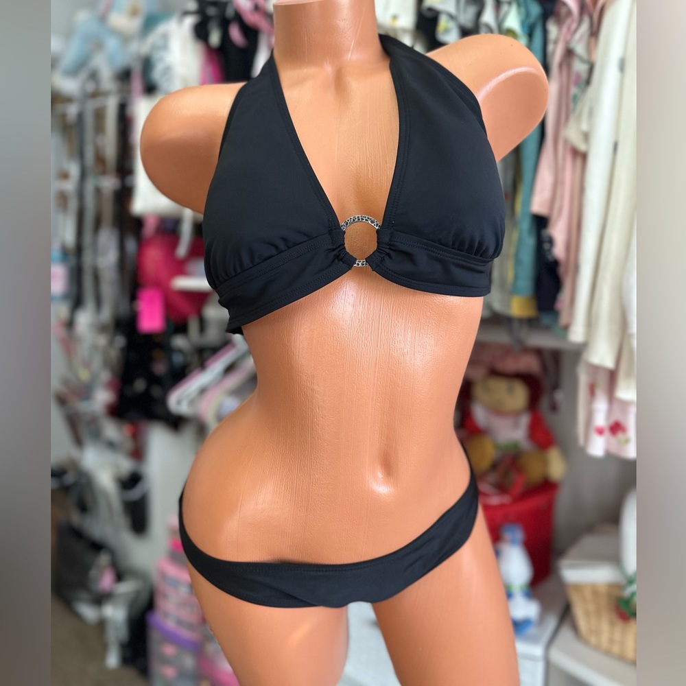 Black Silver Ring Halter Top Bikini Large READ SIZE DESCRIPTION